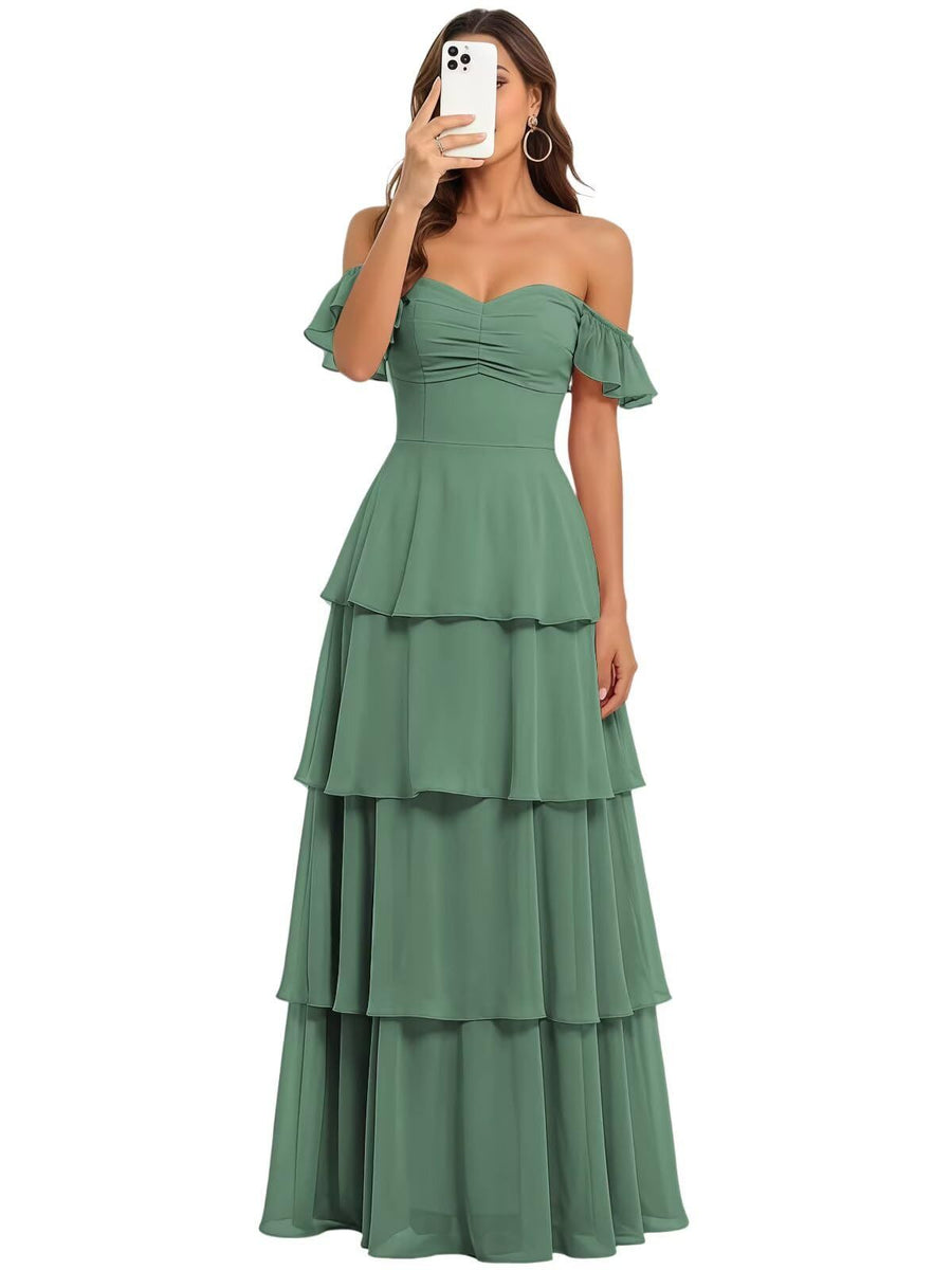 Fairy new arrival mori style bridesmaid dress women's long fairy elegant chiffon cake skirt one shoulder backless strap evening dress