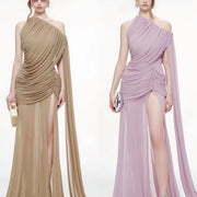One-Shoulder Ruched Evening Gown — A Thigh-High Split with Trailing Draping