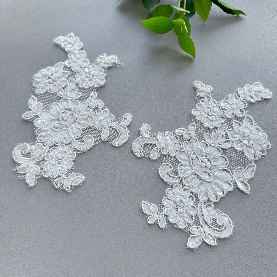 White Embroidered Beaded Lace Trim - DIY Bridal Headpiece & Wedding Dress Accessory