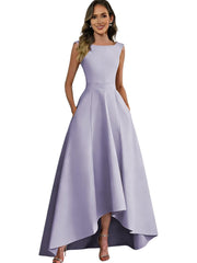 Women's solid color satin sleeveless fitted evening gown for export - amazon style cocktail party bridesmaid dress - high-low hem