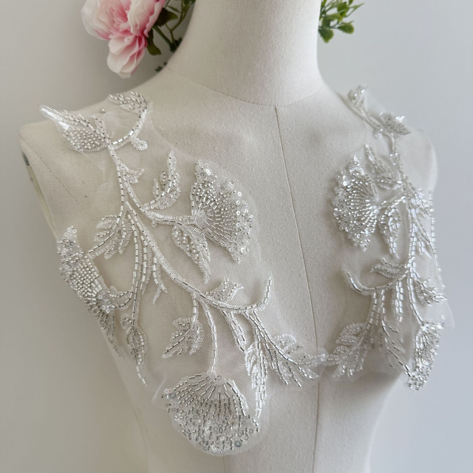 Zh240 white beaded embroidered leaf applique diy handmade women's clothing headwear apparel butterfly lace trim