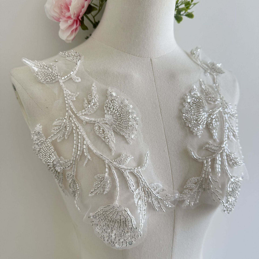 White beaded embroidered leaf and butterfly lace appliqué for DIY women's clothing and headwear trim
