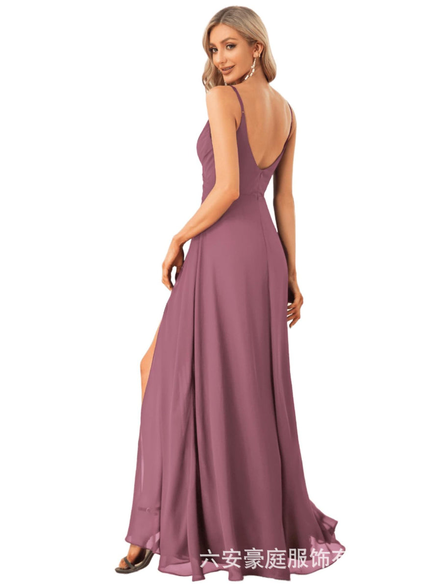 European and american style plus size evening gown women's chiffon high slit floor-length dress wedding bridesmaid dress annual meeting performance dress cross-border
