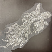 Goldfish Flower Sequin 3D Beaded Appliqué – Silver & White Fabric Patch for Wedding Dresses, Evening Gowns & Stage Costumes