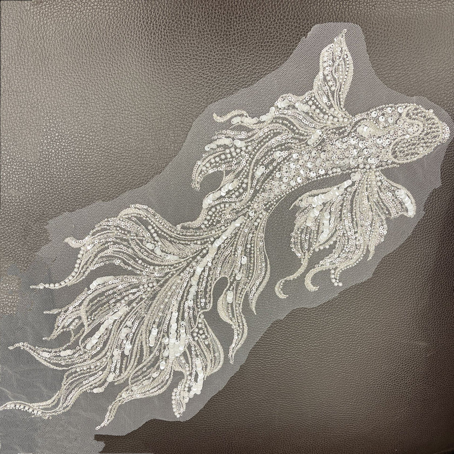 Goldfish Flower Sequin 3D Beaded Appliqué – Silver & White Fabric Patch for Wedding Dresses, Evening Gowns & Stage Costumes