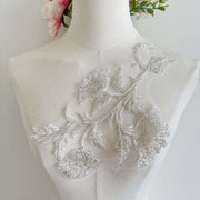 White beaded embroidered leaf and butterfly lace appliqué for DIY clothing and headwear trim