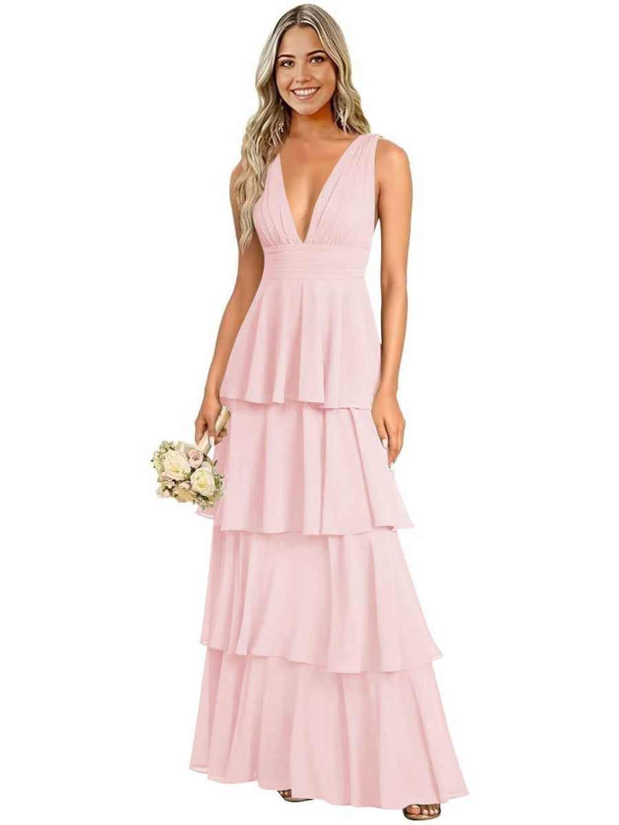 European and american chiffon bridesmaid dress v-neck sleeveless tiered cake dress wedding sister dress hostess outfit gown