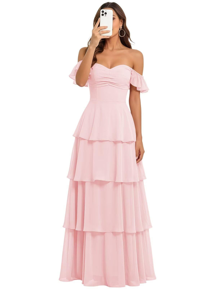 Fairy new arrival mori style bridesmaid dress women's long fairy elegant chiffon cake skirt one shoulder backless strap evening dress