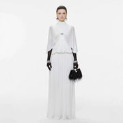 Cape-Detail Maxi Dress — A High Neckline with a Flowing Pleated Skirt