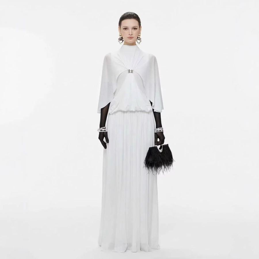 Cape-Detail Maxi Dress — A High Neckline with a Flowing Pleated Skirt