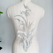 Large Orchid Beaded Sequin Phoenix Tail Embroidered Lace Patch - DIY Cheongsam, Hanfu & Dress Fabric (A320)