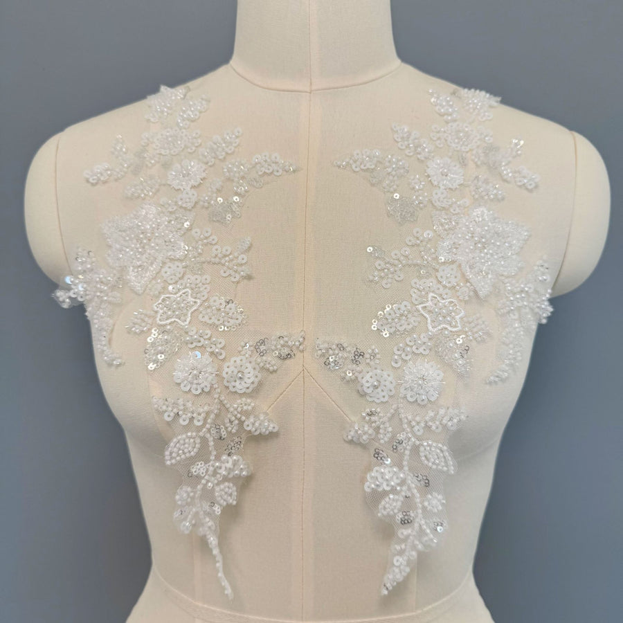 Zh427 pair of white pearl flower sequin embroidery appliques - accessories for clothing, handmade dresses, wedding gowns, diy bridal outfits