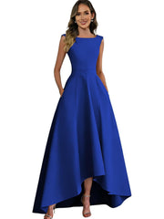 Women's solid color satin sleeveless fitted evening gown for export - amazon style cocktail party bridesmaid dress - high-low hem