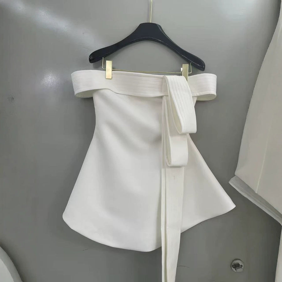 Off-the-Shoulder Bow Mini Dress — A Sculpted A-Line Silhouette