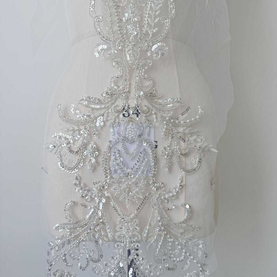 Heavy Embroidered Lace Flower Patch – Silver Beads, Sequin & Pearl DIY Wedding Dress Appliqué (ZH322)
