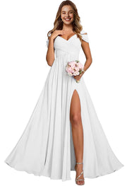 Off-the-shoulder bridesmaid dresses - long, slit, chiffon evening gowns for dinner parties, proms, and sisterhood events