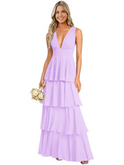European and american chiffon bridesmaid dress v-neck sleeveless tiered cake dress wedding sister dress hostess outfit gown