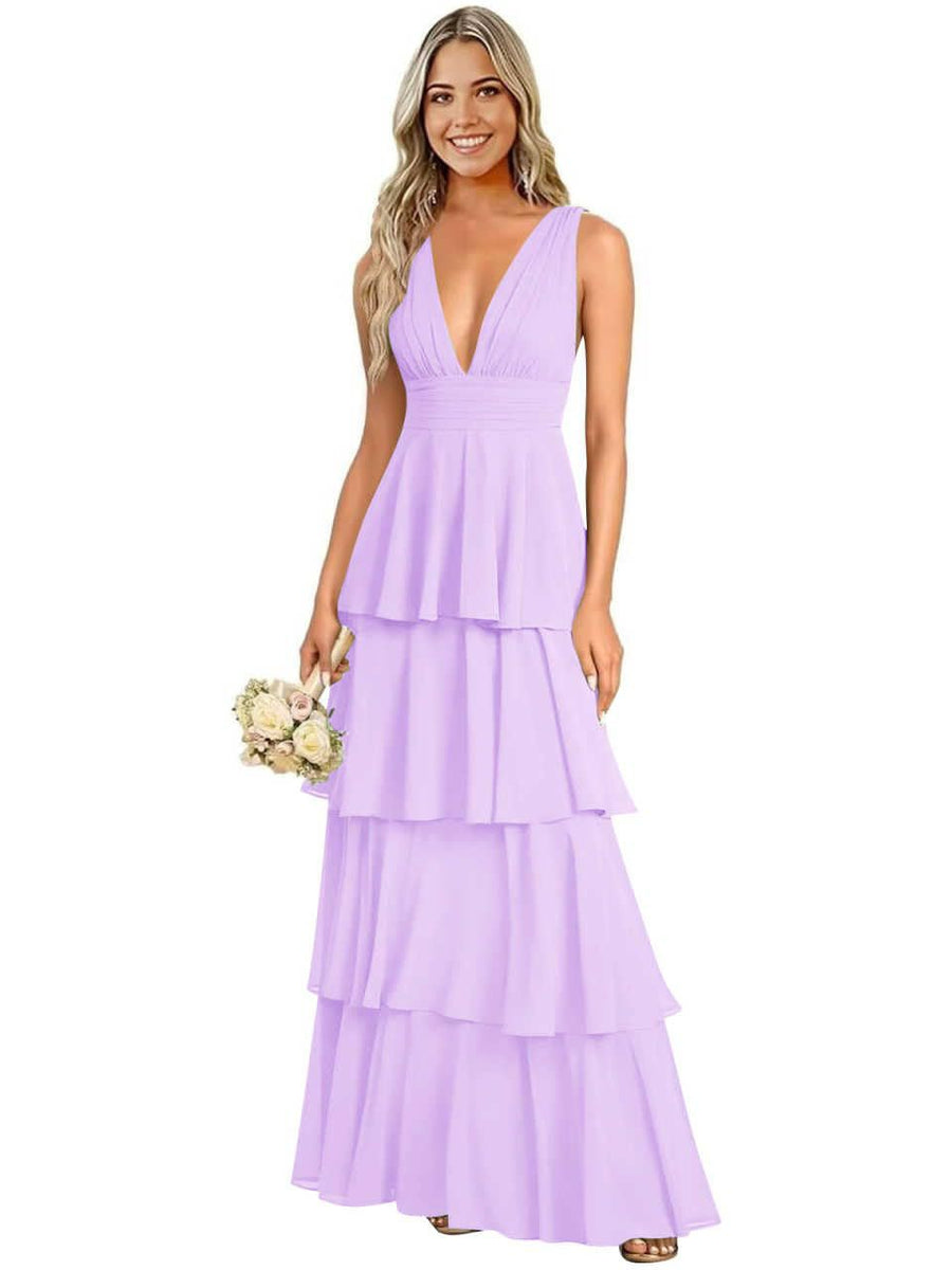 European and american chiffon bridesmaid dress v-neck sleeveless tiered cake dress wedding sister dress hostess outfit gown