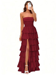 Cake skirt women's layered ruffles high slit long skirt sexy evening dress wedding bridesmaid dress tube top party dress