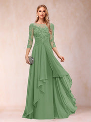 Chiffon lace patchwork mid-sleeve evening gown - round neck a-line floor-length dress - perfect for mothers, mothers-in-law, and hostesses