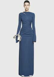 Long-Sleeve Ruched Maxi Dress — An Asymmetric Neckline with a Shoulder Cut-Out