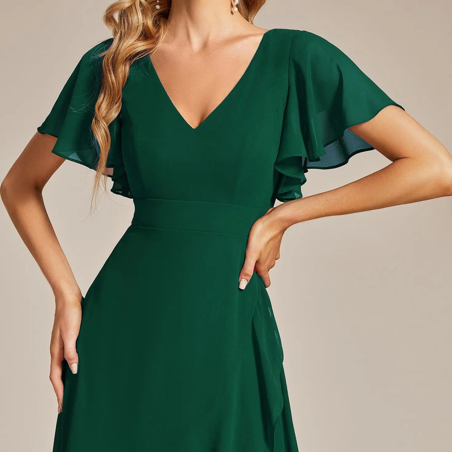 2026 cross-border gentle style v-neck pleated chiffon bridesmaid dress ruffle short-sleeved asymmetrical skirt party