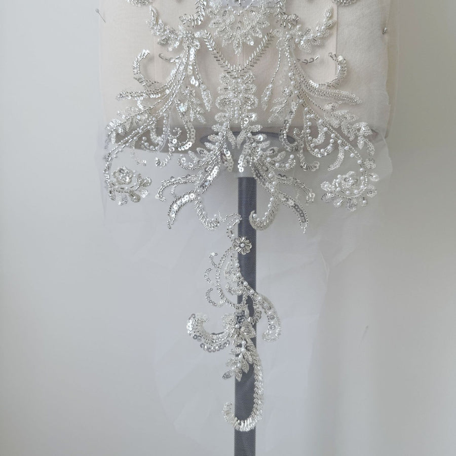 Heavy Embroidered Lace Flower Patch – Silver Beads, Sequin & Pearl DIY Wedding Dress Appliqué (ZH322)
