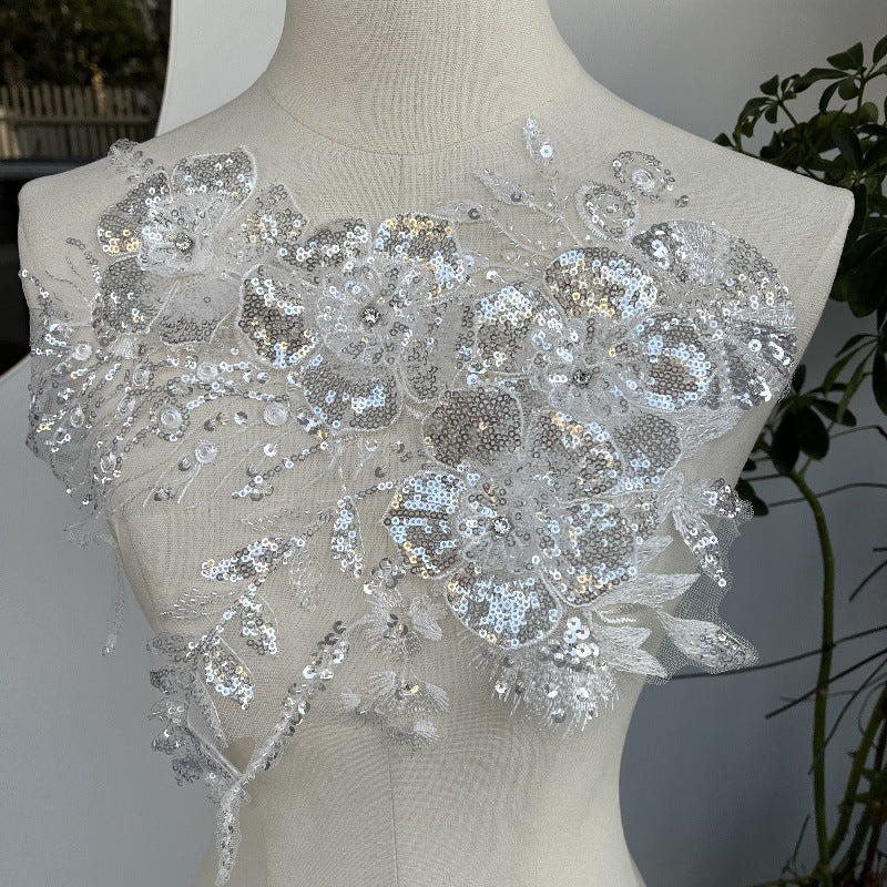 White Rhinestone 3D Flower Appliqué – High-End Embroidered Dress Embellishment & Bridal Accessory (Z43)