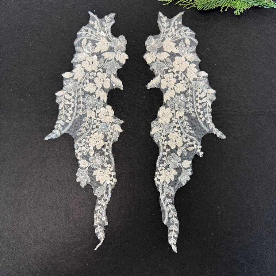White Beaded Floral Lace Appliqué - DIY Handmade Wedding Dress & Bridal Accessory Embellishment
