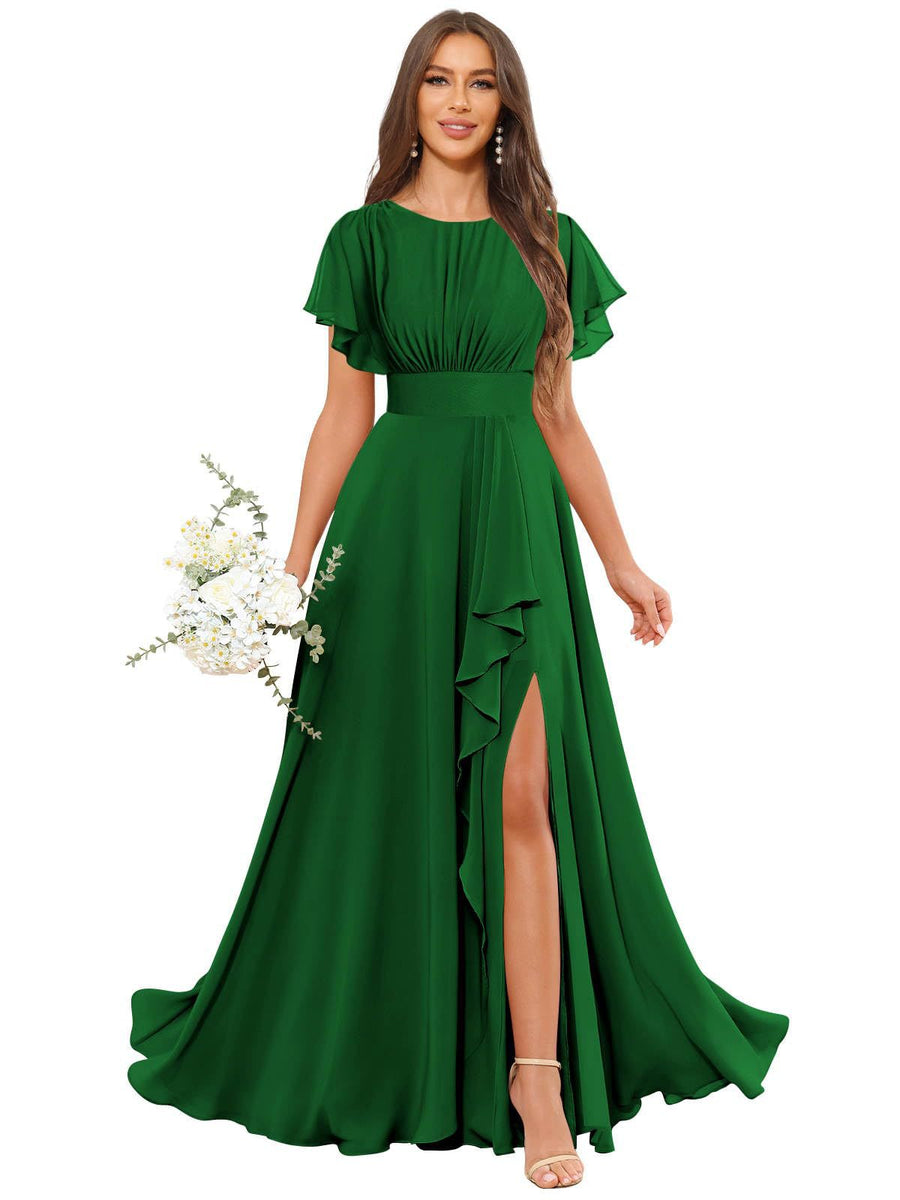 Cross-border amazon bestseller: long bohemian chiffon midi dress - short sleeve, cinched waist, evening gown, bridesmaid dress