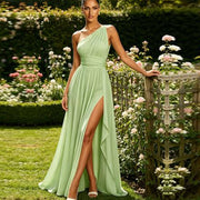 One shoulder chiffon long bridesmaid dress slit evening dress female sister group toast dress graduation performance dress factory direct supply
