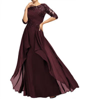 New chiffon lace long evening gown - round neck, mid-sleeve, slimming design - perfect for weddings, bridesmaids, dinner parties, or mother of the bride