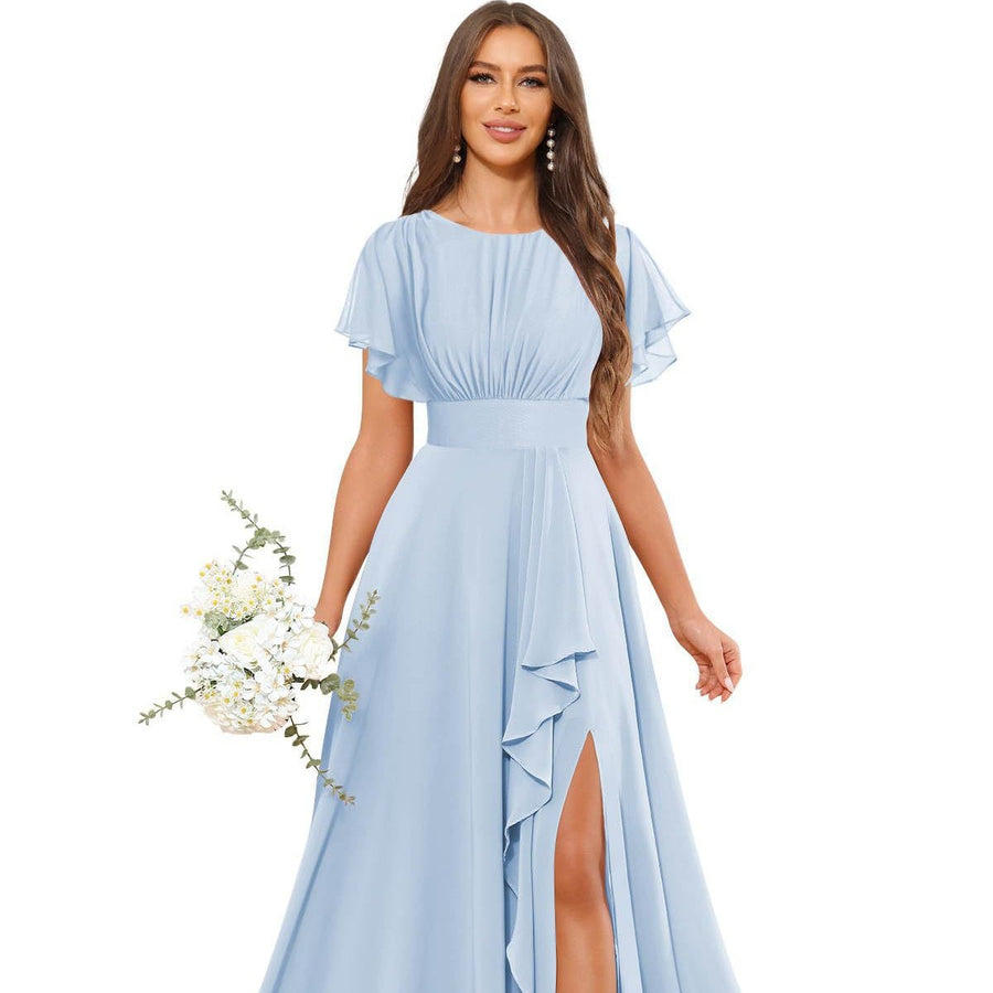 Cross-border amazon bestseller: long bohemian chiffon midi dress - short sleeve, cinched waist, evening gown, bridesmaid dress