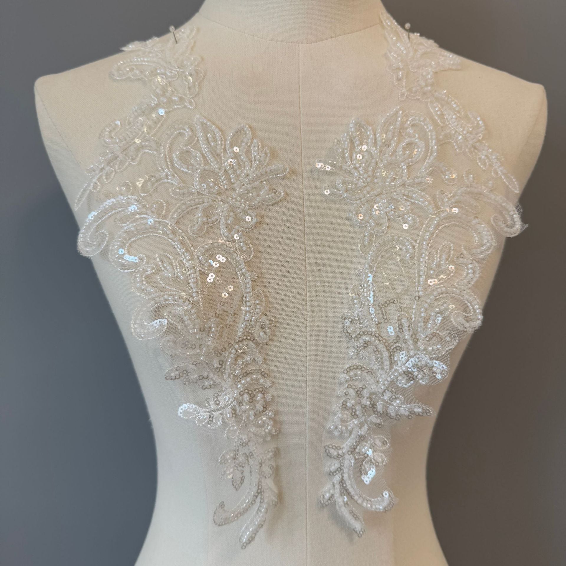 Zh295 pair of off-white sequin embroidered appliqué flowers for wedding dresses and evening gowns - decorative lace floral fabric patches