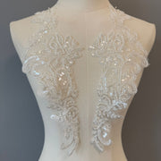 Zh295 pair of off-white sequin embroidered appliqué flowers for wedding dresses and evening gowns - decorative lace floral fabric patches