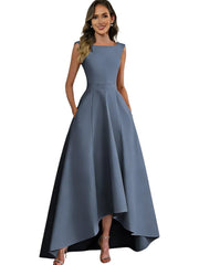 Women's solid color satin sleeveless fitted evening gown for export - amazon style cocktail party bridesmaid dress - high-low hem