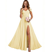 Off-the-shoulder bridesmaid dresses - long, slit, chiffon evening gowns for dinner parties, proms, and sisterhood events