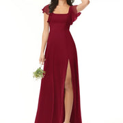 Cross-border exclusive square neck ruffle sleeve chiffon slit long dress wedding bridesmaid host performance costume dress dress