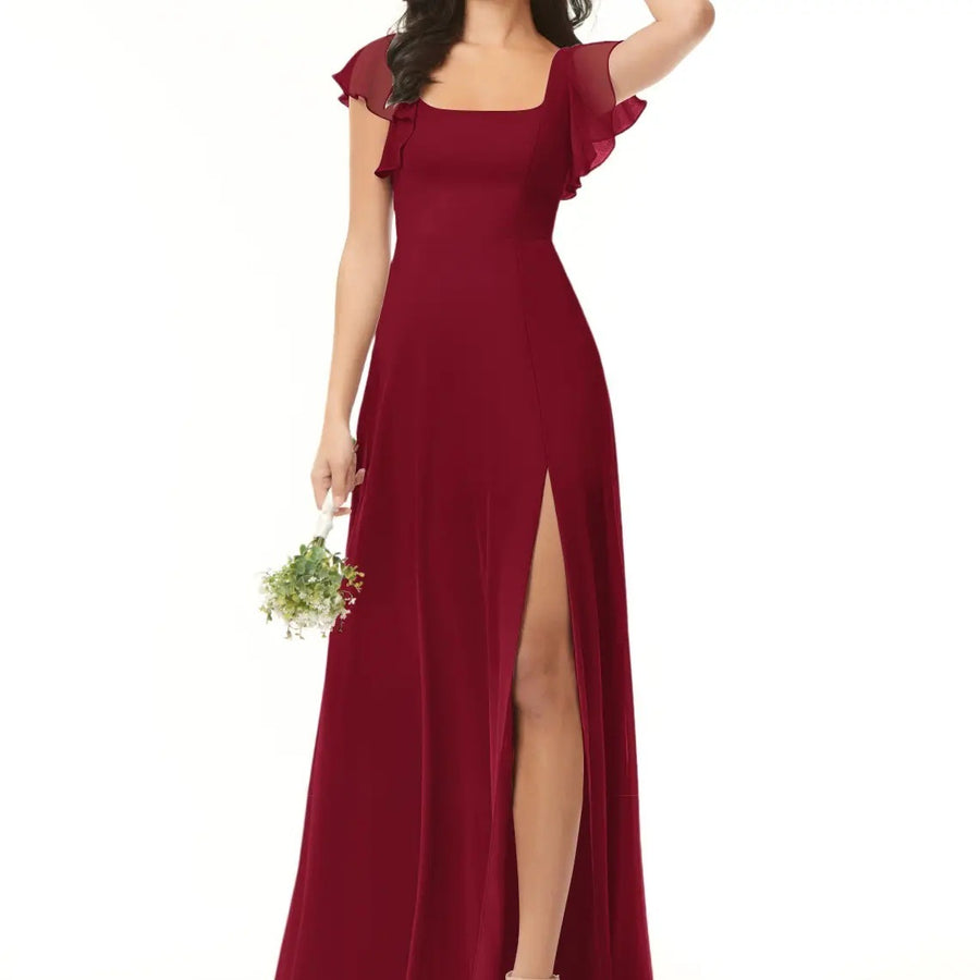 Cross-border exclusive square neck ruffle sleeve chiffon slit long dress wedding bridesmaid host performance costume dress dress