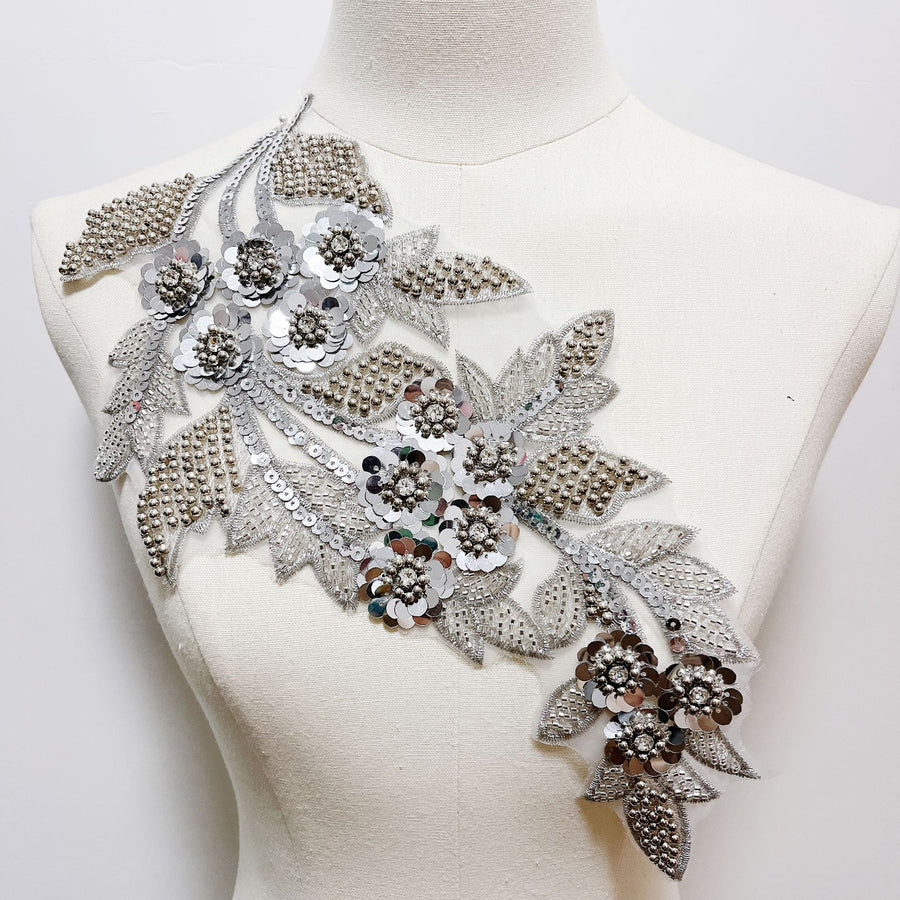 Silver Beaded Sequins Lace Flower Accessory - DIY Wedding Dress, Veil & Shoe Decoration
