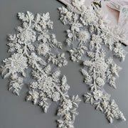 White Embroidered Beaded Lace Appliqué - DIY Bridal Headdress & Wedding Dress Accessory