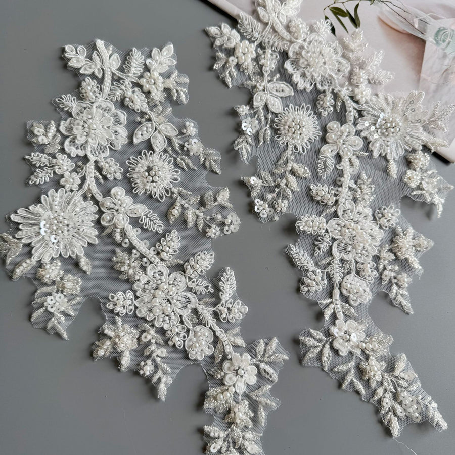White Embroidered Beaded Lace Appliqué - DIY Bridal Headdress & Wedding Dress Accessory
