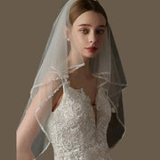 Beige double-layer beaded bridal veil with sequined metal comb, mid-length chiffon tulle wedding veil