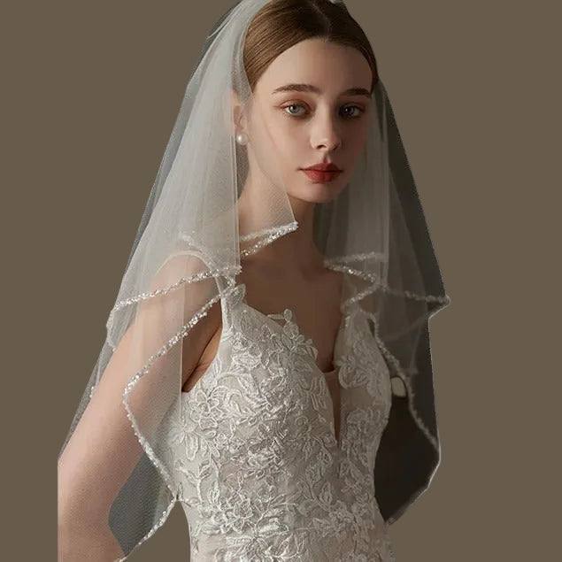 Beige double-layer beaded bridal veil with sequined metal comb, mid-length chiffon tulle wedding veil