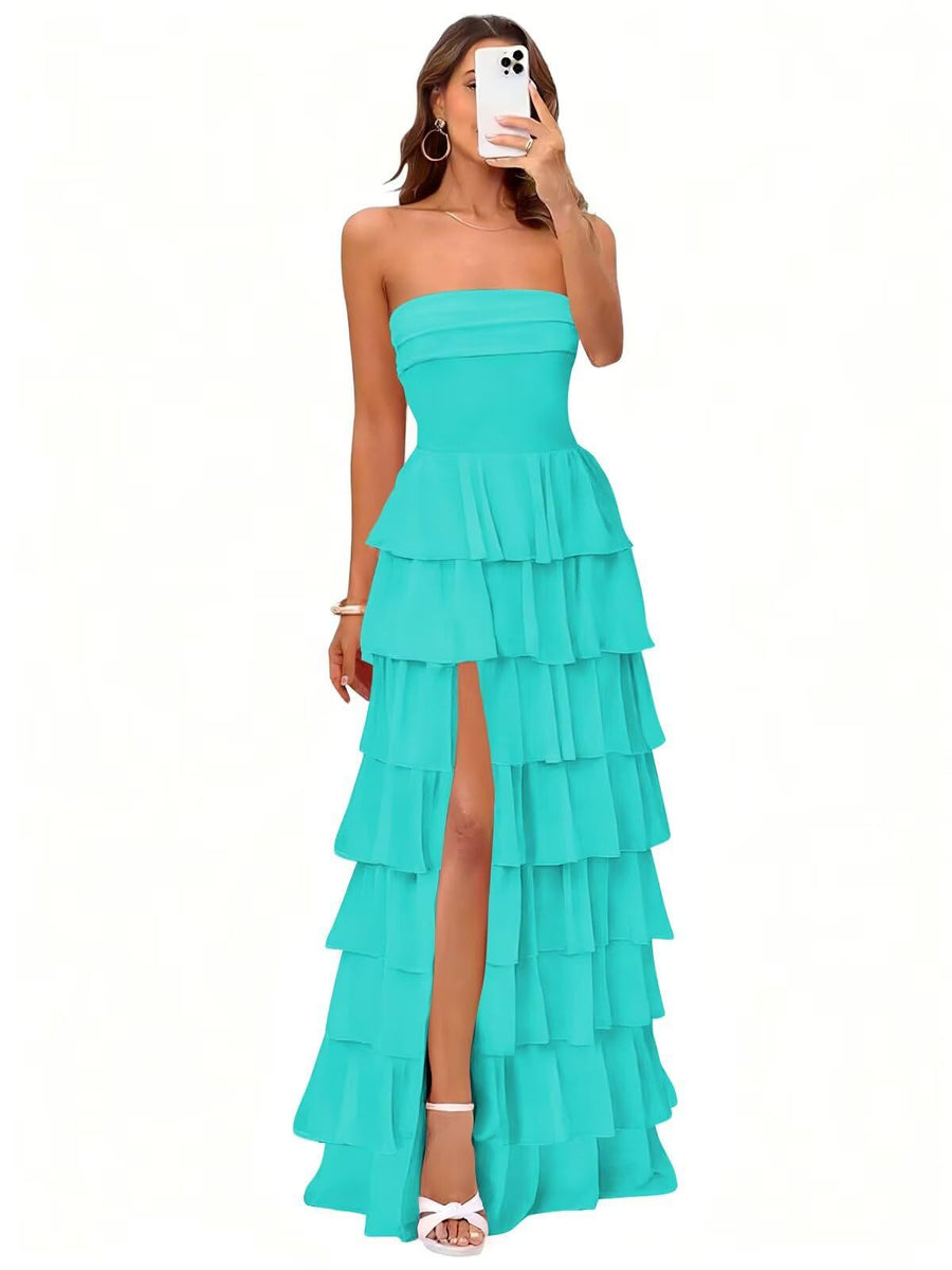 Cake skirt women's layered ruffles high slit long skirt sexy evening dress wedding bridesmaid dress tube top party dress