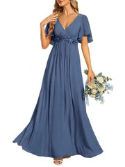 European and american style v-neck chiffon long bridesmaid dress, butterfly sleeve cinched waist slimming evening gown, party hostess dress