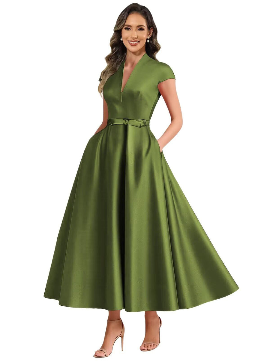 Fashion aliexpress export satin short banquet dress party bows evening dress wedding ladieswear church