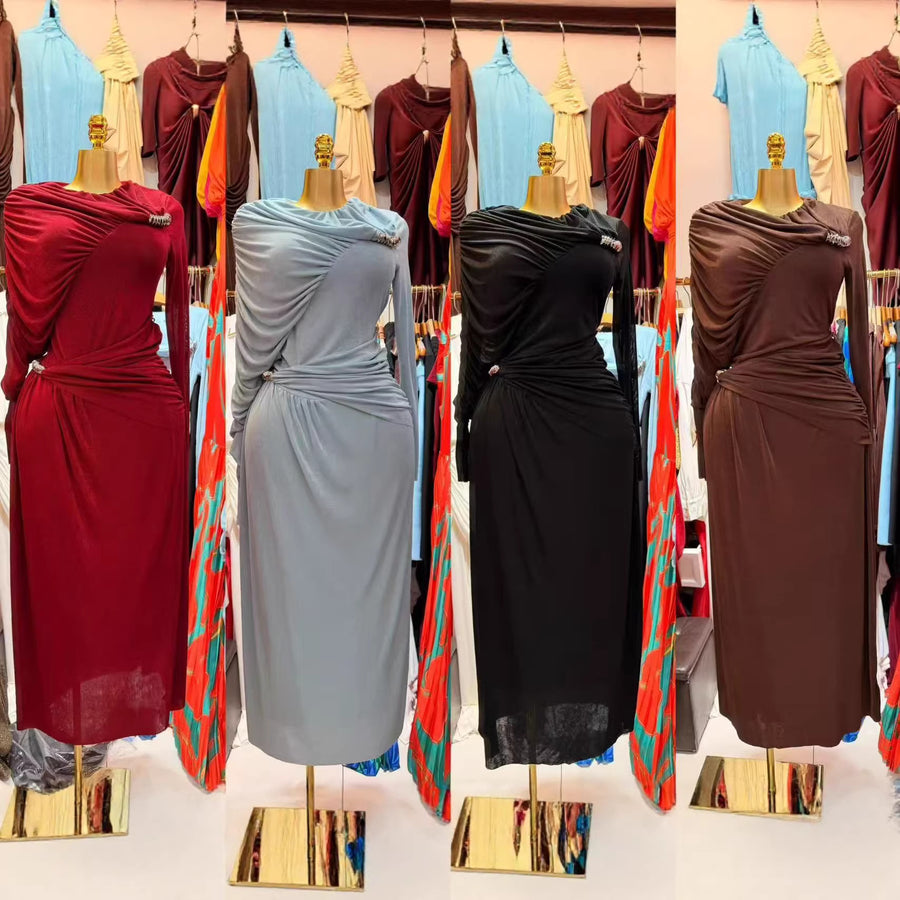 Long-Sleeve Draped Evening Gown — Asymmetric Folds with Metallic Accents
