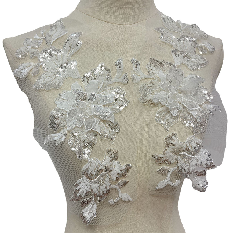 3d applique white sequin embroidery diy clothing runway outfit floral patch headscarf hat embellishment patch flower accessories