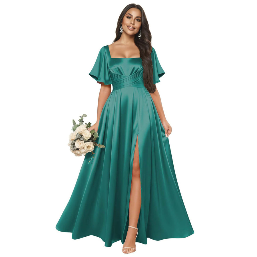Satin square neck short-sleeved long evening dress, multiple colors available, sister group toast dress, annual meeting host, classy banquet